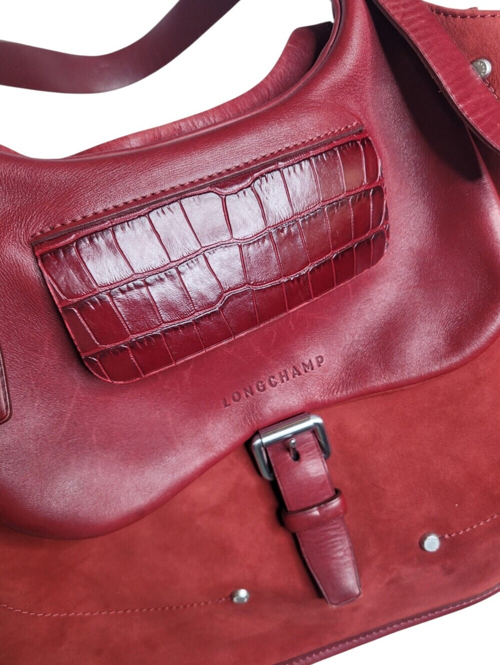 Longchamp Balzane Root Red Burgundy Leather Suede Crocodile Women's Bag